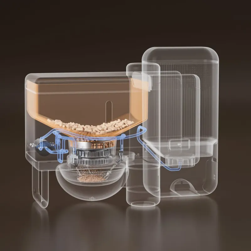 ペレットを粉砕し水と混合する透明な装置の内部構造を示す画像。上部のホッパーからペレットが供給され、中央で粉砕後、下部のボウルで水と混合される様子が詳細に描かれている。自動給餌器のような用途が考えられる。