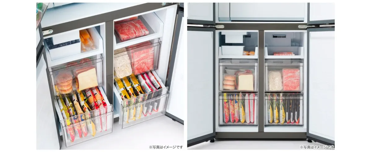 冷蔵庫の冷凍室が整理整頓され、様々な食品が透明な収納ケースにきれいに収められている様子