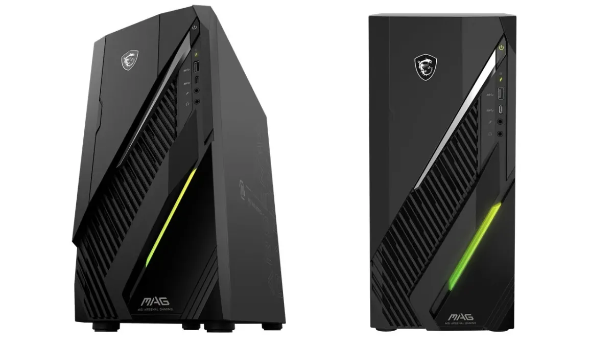 MSI MAGシリーズのゲーミングデスクトップPCが、異なる2つの角度から撮影された画像。前面には鮮やかな緑色のLEDライトが光る。