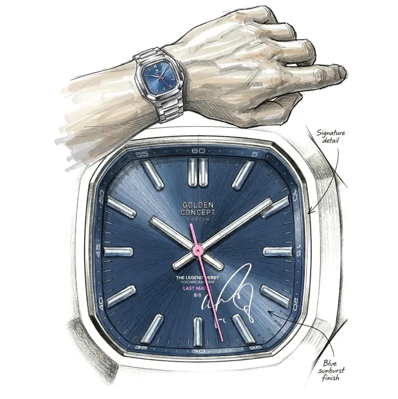 青い文字盤の腕時計