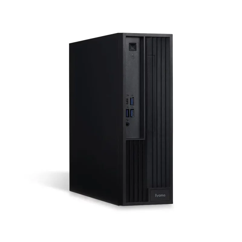 黒いスリム型デスクトップパソコンの正面斜めからの写真