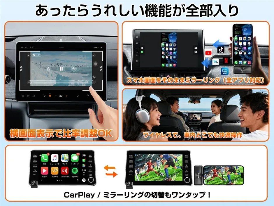 車載ディスプレイの多機能性を紹介。スマホ画面のミラーリング、動画再生の比率調整、ワイヤレス操作、CarPlayとの切り替えなど、車内でのエンターテイメントと利便性を高める機能が満載です。