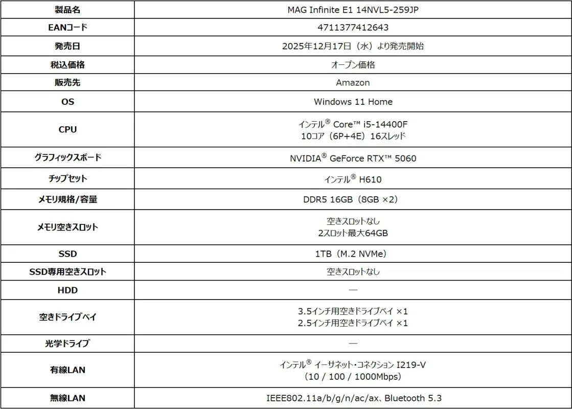 MAG Infinite E1 14NVL5-259JPの製品仕様表。CPUはIntel Core i5-14400F、GPUはNVIDIA GeForce RTX 5060、OSはWindows 11 Homeを搭載。