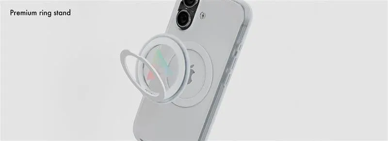 白いスマートフォンに装着されたMagSafe対応のリングスタンド。