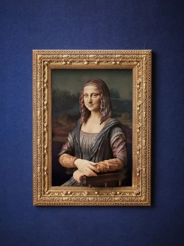 モナリザ、3D、立体、彫刻、芸術、肖像画、額縁、金色、青い背景、名画、フィギュア