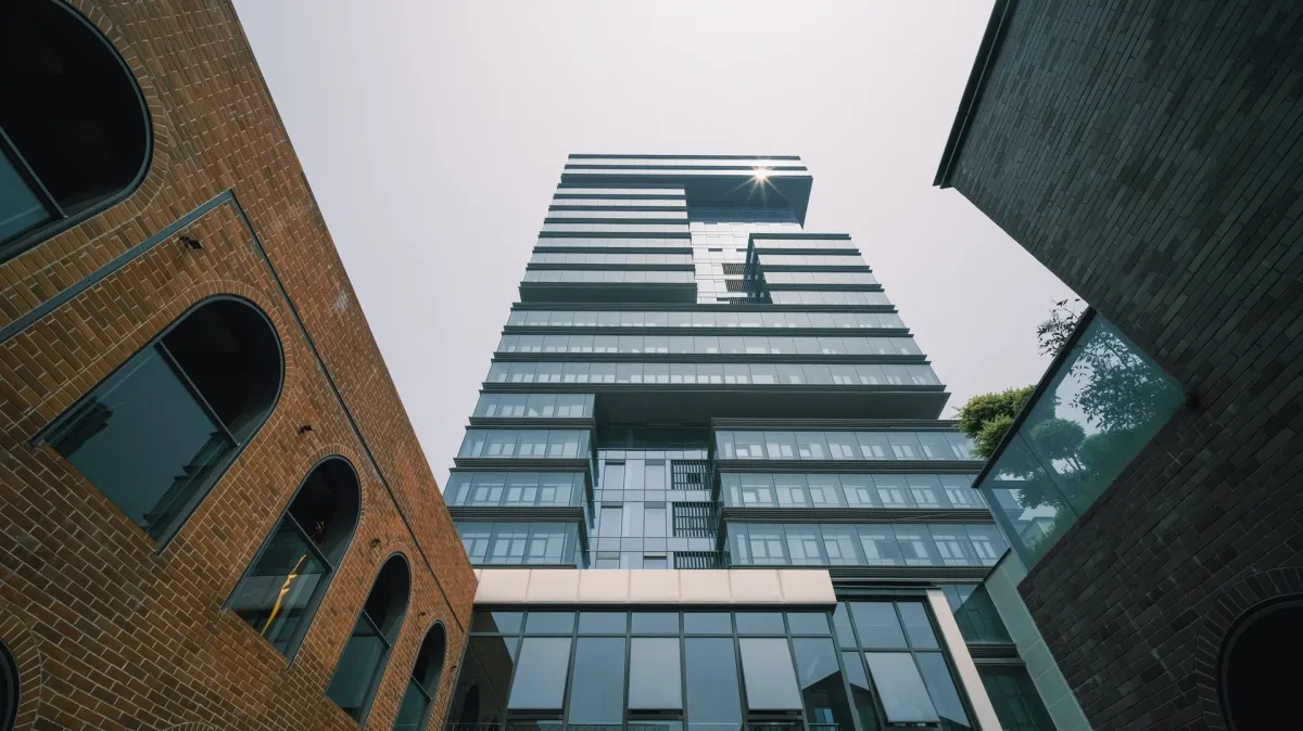 青空を背景にした高層ビルとレンガ造りの建物