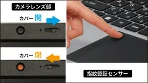 ノートパソコンのセキュリティ機能を紹介する画像です。左側はカメラレンズ部のプライバシーカバーが開閉する様子、右側は指紋認証センサーに指を置いている様子が示されています。