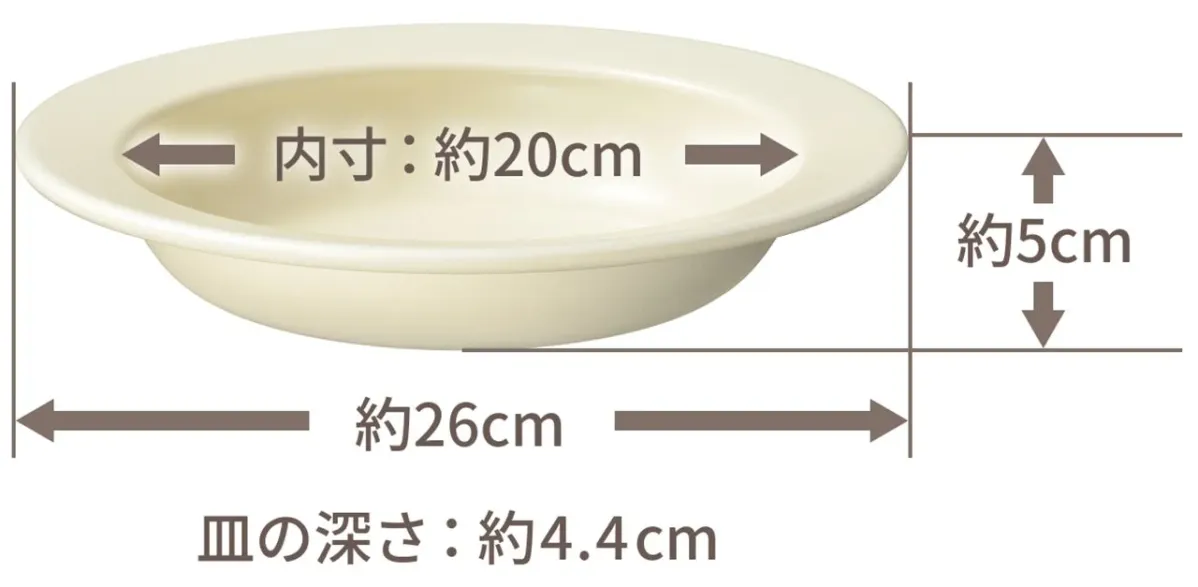 クリーム色の皿の寸法図です。内寸約20cm、外寸約26cm、高さ約5cm、皿の深さ約4.4cmが示されており、製品の詳細なサイズ情報を提供しています。
