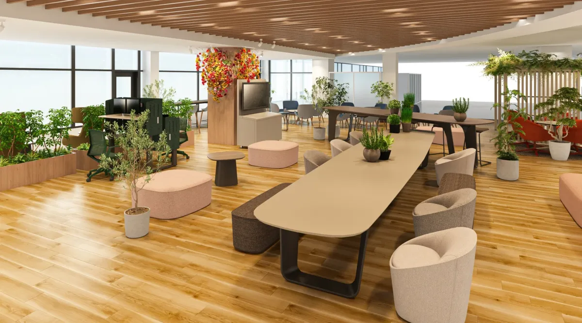 電動昇降デスクなどが配置されたワークスペース