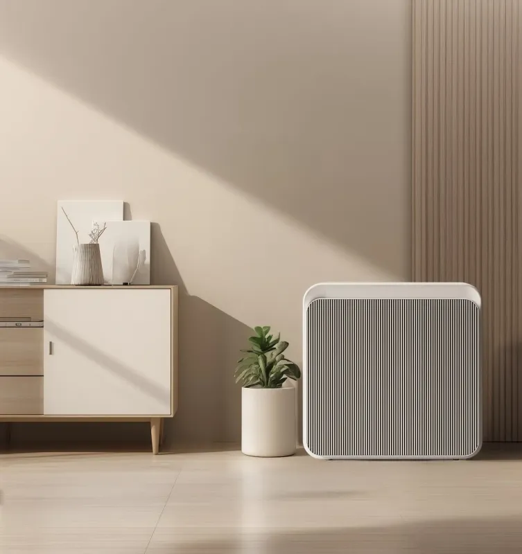 ベージュの壁を背景に、モダンな空気清浄機、鉢植えの植物、木製キャビネットが配置されたミニマリストな室内空間。
