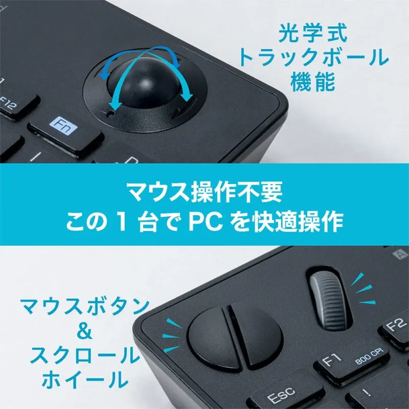 光学式トラックボール、マウスボタン、スクロールホイールを備えた多機能キーボードの画像です。マウス不要でPCを快適に操作できる一体型デバイスの特徴が説明されています。