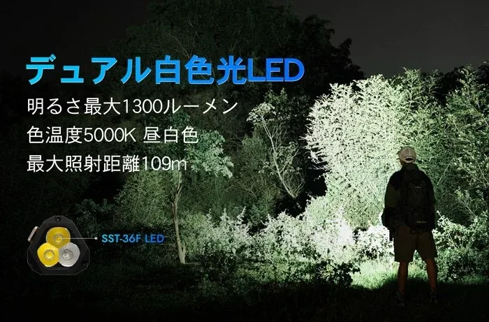 WUBEN E8のメインライトで夜の森を照らす様子