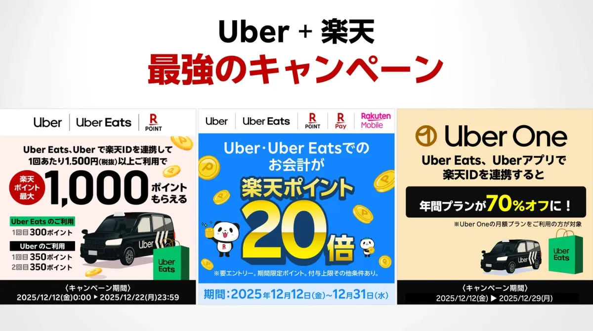 Uberと楽天による複数のキャンペーンが紹介されている画像
