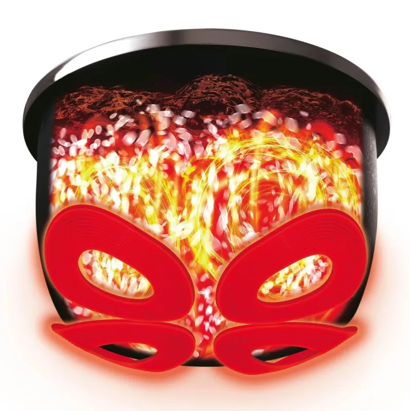 炊飯器の内部断面図。底部から赤く光る加熱ヒーターが発熱し、内容物(米粒のようなもの)が激しい熱対流によって炊き上げられている様子。