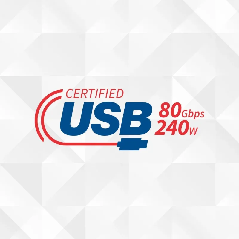 USBの認証ロゴと、80Gbpsのデータ転送速度および240Wの電力供給能力を示す情報