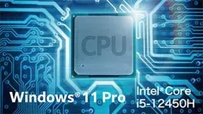 青い光沢を放つ回路基板の中央にCPUが配置され、「Windows 11 Pro」と「Intel® Core™ i5-12450H」の文字が添えられています。