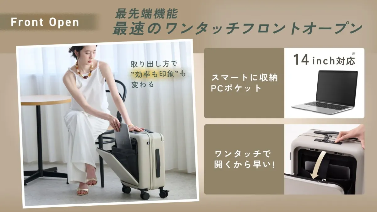 ワンタッチで開閉できるフロントオープン機能を備えたスーツケースの紹介画像です。女性がPCを収納する様子が描かれており、14インチ対応のPCポケットでスマートに収納できる点が強調されています。効率的で便利な旅行かばんの魅力を伝えています。