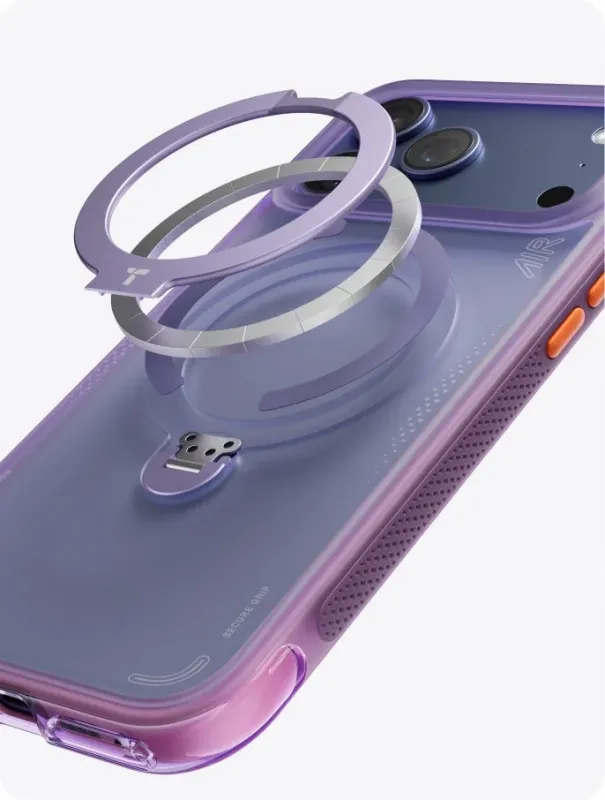 紫色の半透明なスマートフォンケースのクローズアップ画像