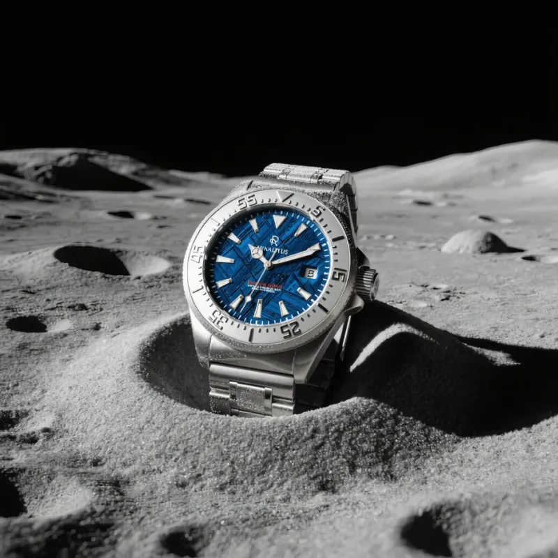 月面に置かれたシルバーの腕時計(ブルー文字盤)