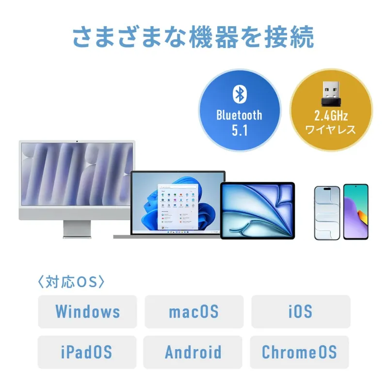 さまざまな機器を接続 Bluetooth 5.1 2.4GHz ワイヤレス 〈対応OS〉 Windows macOS iOS iPadOS Android ChromeOS