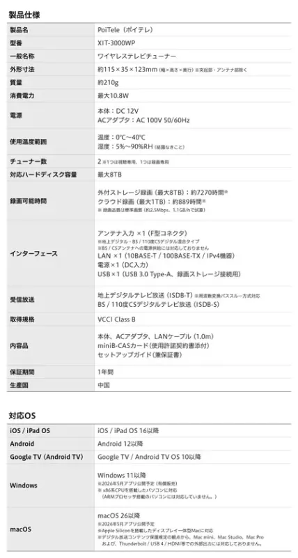 PoiTeleの製品仕様と対応OS
