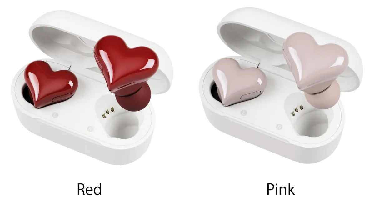 HeartBuds Proの赤とピンクのイヤホンと充電ケース