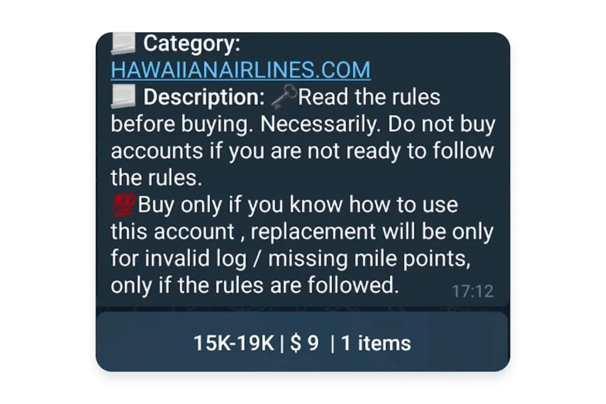 ダークウェブ上のハワイアン航空アカウント販売投稿例