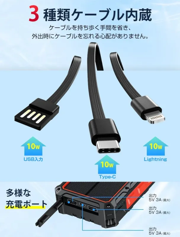 3種類のケーブルが内蔵されたモバイルバッテリー