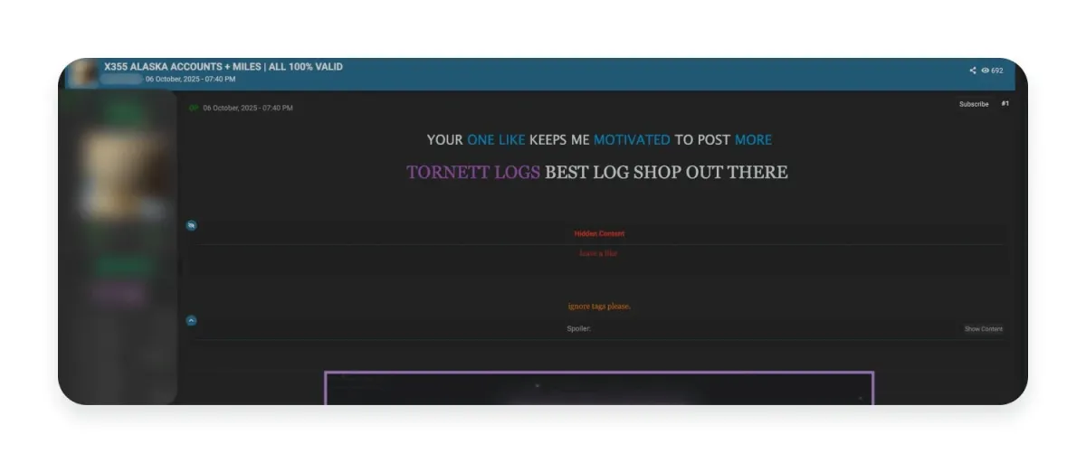 ダークウェブ上の航空会社アカウント販売投稿例