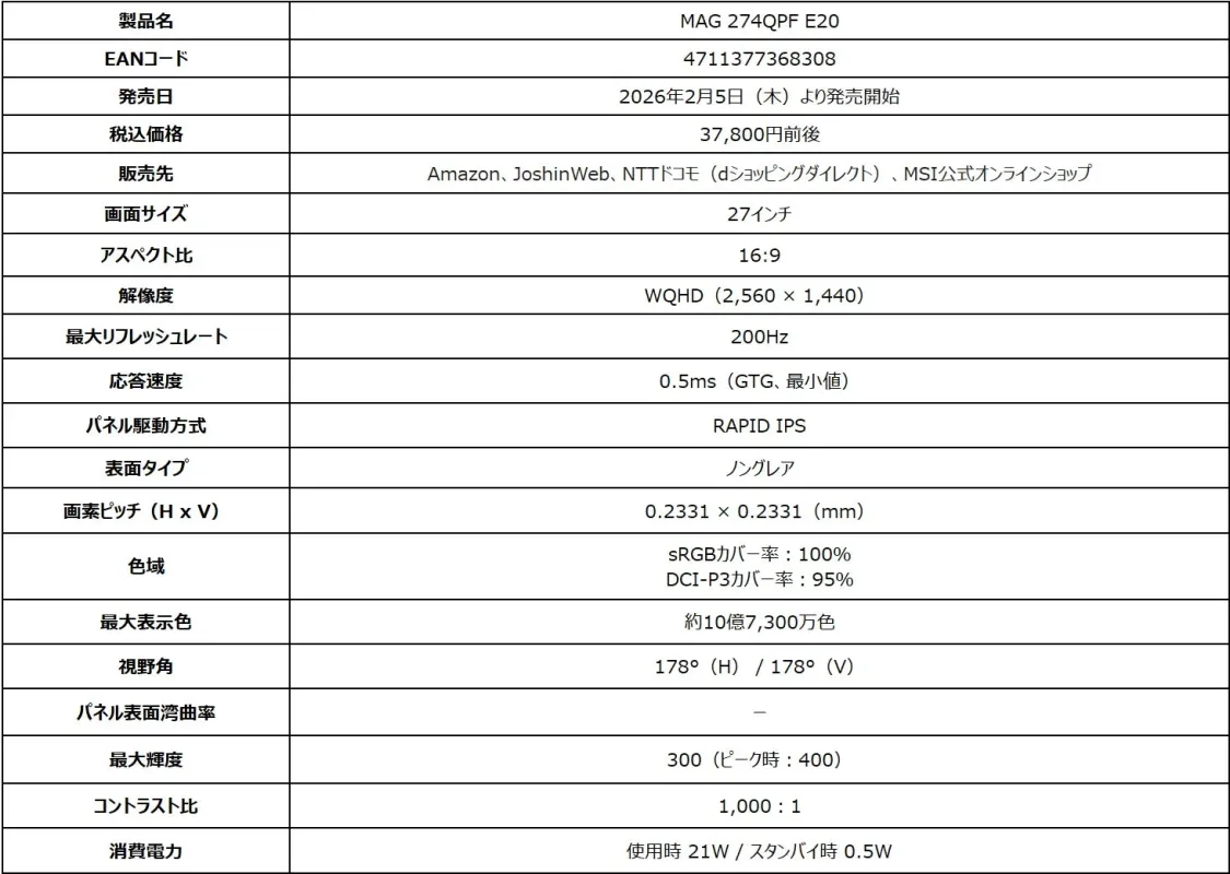 MAG 274QPF E20 製品仕様