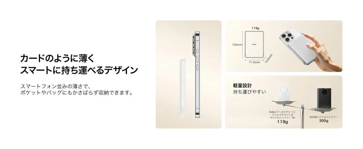 カードのように薄くスマートに持ち運べるデザイン