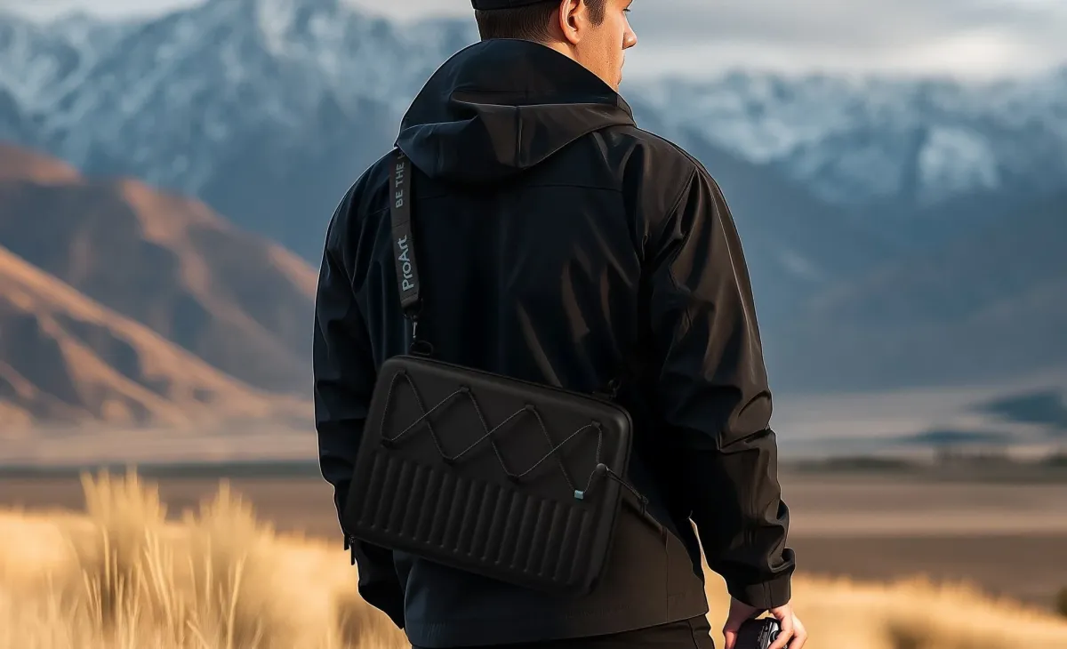 ProArtのショルダーバッグを肩にかけ山々を背景に佇む男性