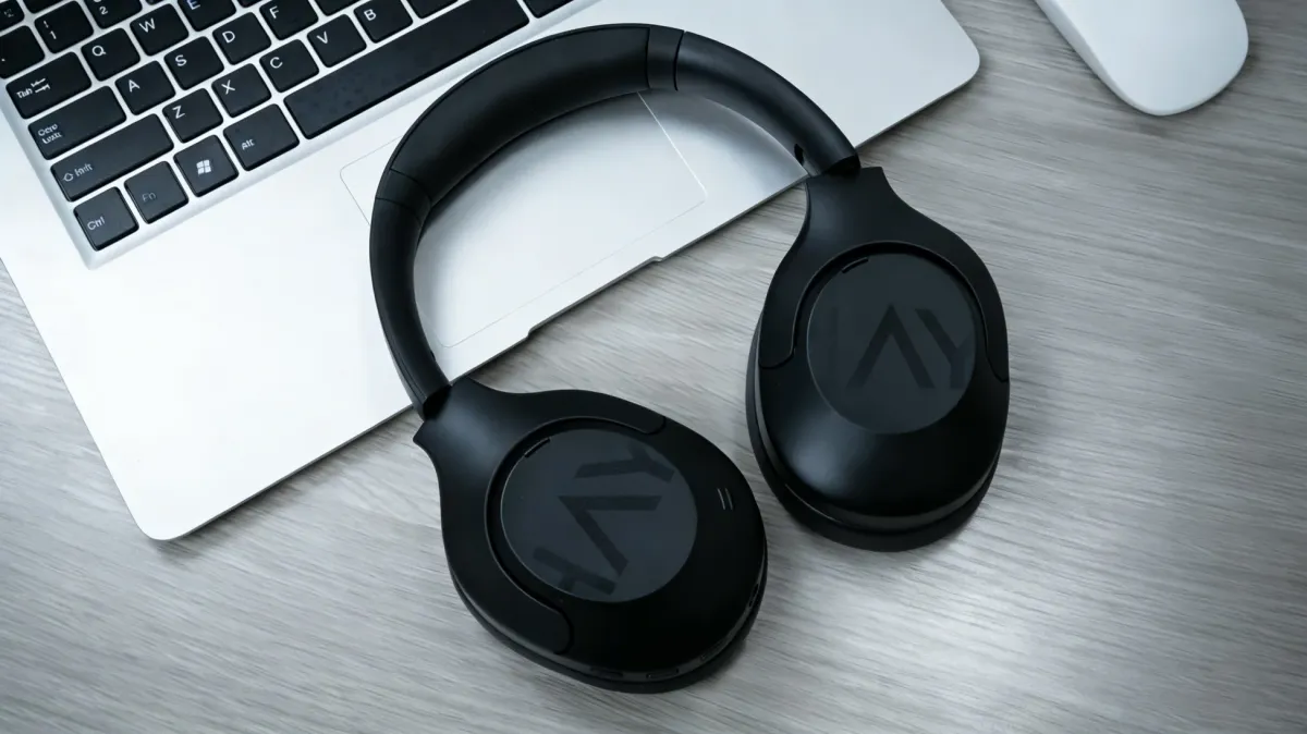 デスク上のヘッドホンとノートPC