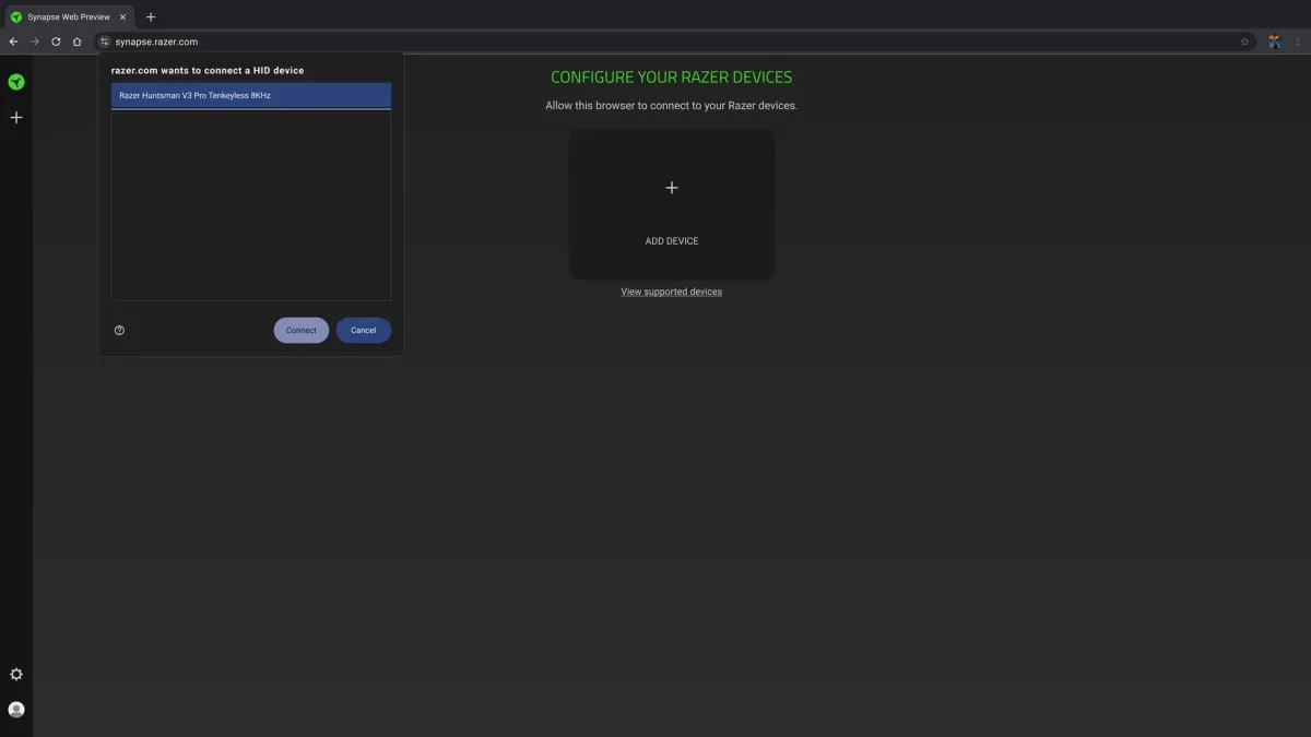 Razer Huntsman V3 Pro Tenkeyless 8KHzの接続画面