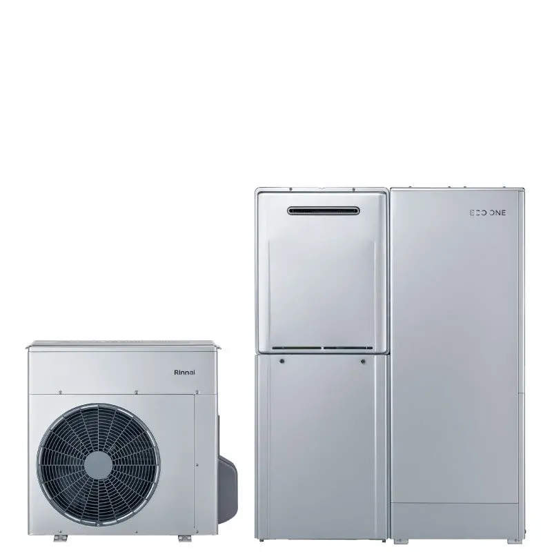 リンナイ製ハイブリッド給湯・暖房システム「ECO ONE」の屋外機と貯湯ユニット