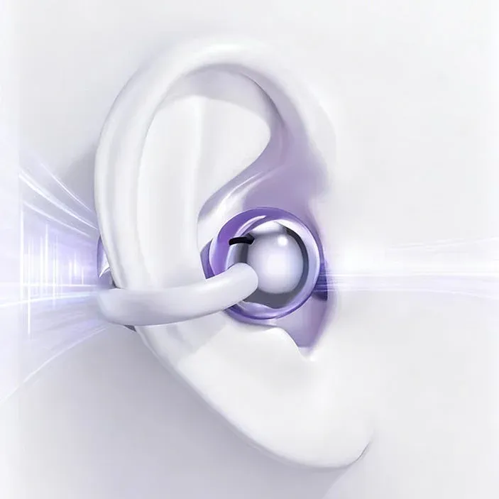 耳に装着されたイヤホンと音波のエフェクト