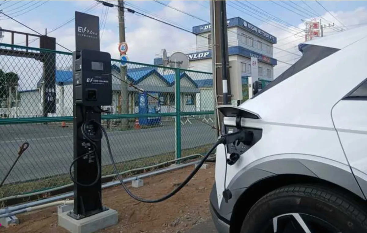 筑波サーキットに設置された9.6kW充電器と白いEV車