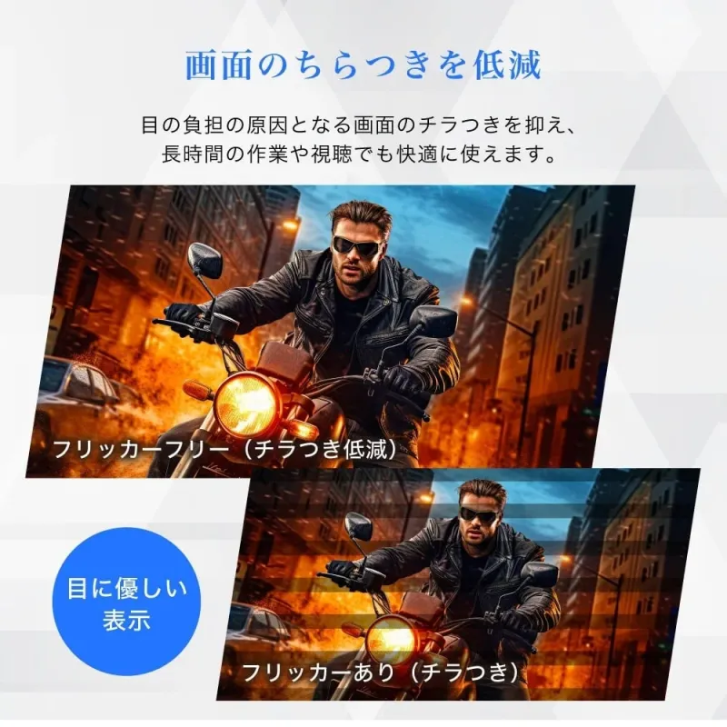 画面のちらつきを低減目の負担の原因となる画面のちらつきを抑え、長時間の作業や視聴でも快適に使えます。