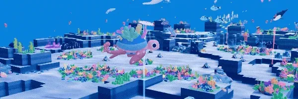 ボクセルアート調のカラフルな海中風景です。背中に植物を乗せたピンク色のカメが泳ぎ、鮮やかなサンゴや海藻、多数の魚が見られます。遠景にはシャチもおり、幻想的なゲームの世界のようです。