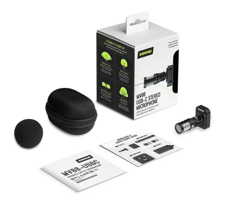 SHURE MV88 USB-C ステレオマイクロホンのパッケージと付属品