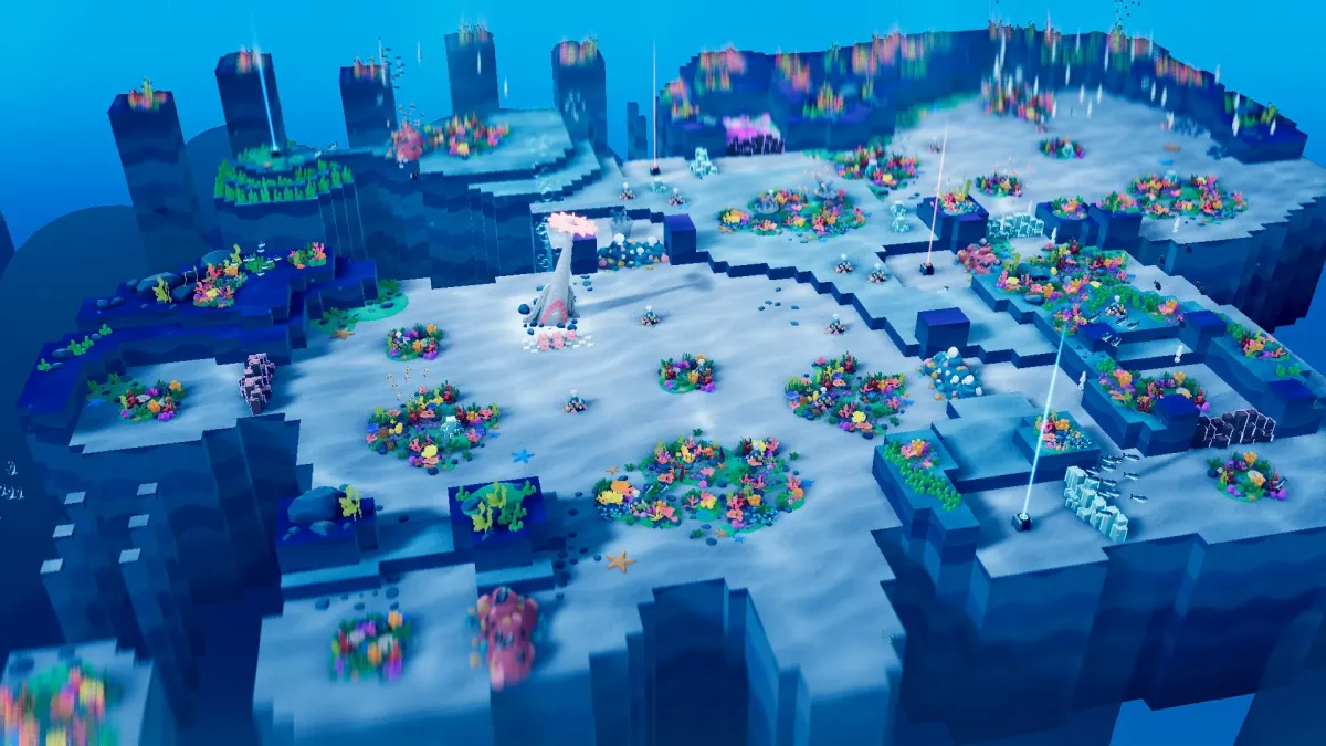 鮮やかな色彩で表現されたブロックアート調の海底サンゴ礁の風景。多様なサンゴや魚が生息し、神秘的な光が差し込む美しい水中生態系が描かれています。