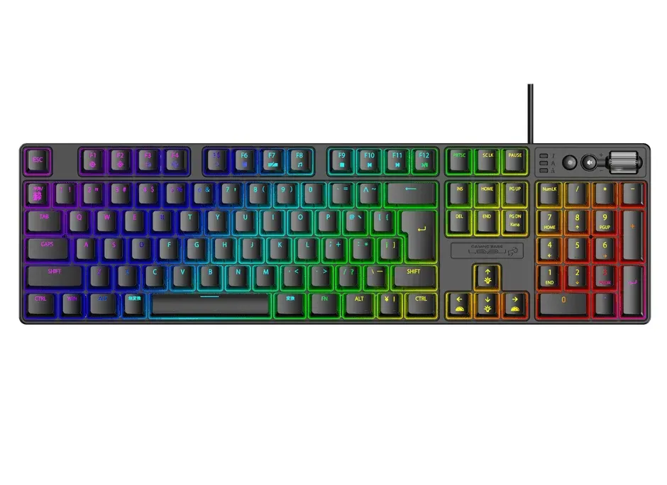 フルサイズのゲーミングキーボードで、キー全体が虹色に光るRGBバックライト