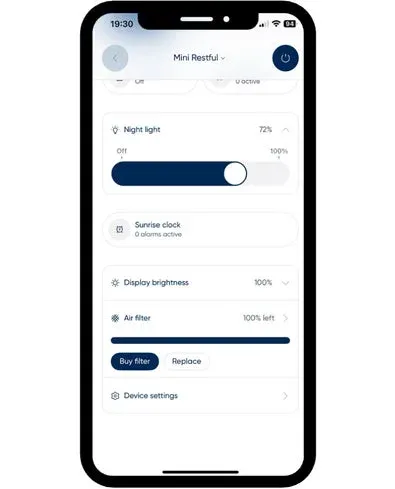 スマートフォンアプリでデバイス設定を表示