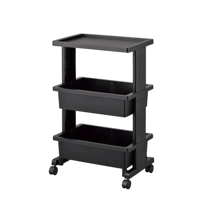 キャスター付きの黒い3段式サービスカートです。上部にトレイ、中段と下段に収納ボックスがあり、移動可能な収納として様々な用途に利用できます。