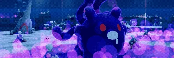 暗い水中に浮かぶ巨大な紫色のクリーチャーが、光る泡に囲まれています。異世界のような幻想的な雰囲気で、不気味さと神秘性が漂います。