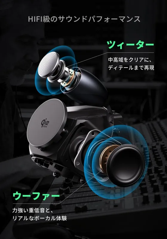 HIFI級のサウンドパフォーマンスを謳うスピーカーシステムの構造を示した画像です。ツイーターとウーファーの機能が説明されており、クリアな中高域と力強い重低音、リアルなボーカル体験を強調しています。背景には音響機器を操作する人物がいます。