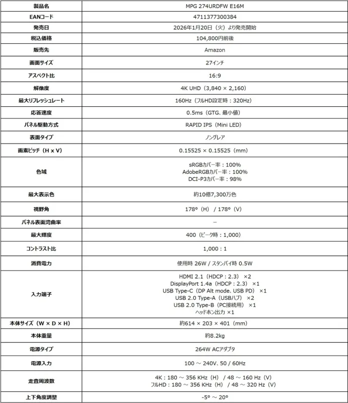 MPG 274URDFW E16Mの製品仕様