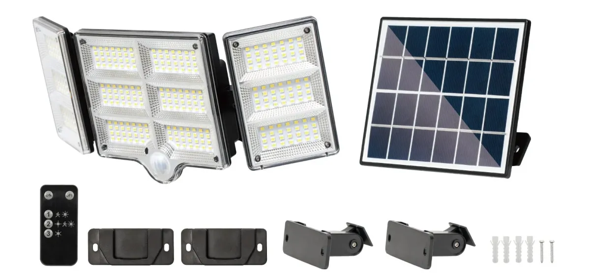ソーラーパネルと人感センサー付きのLED投光器セット