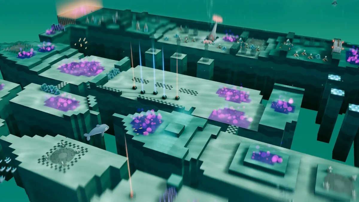 水中のような、または仮想空間のようなブロック状の環境を描いたデジタルアート。紫色に発光するエリアや、上空に向かって伸びる青やオレンジの光の柱が見える。クジラのような生物も泳ぎ、SF的なゲームの世界観を思わせる。