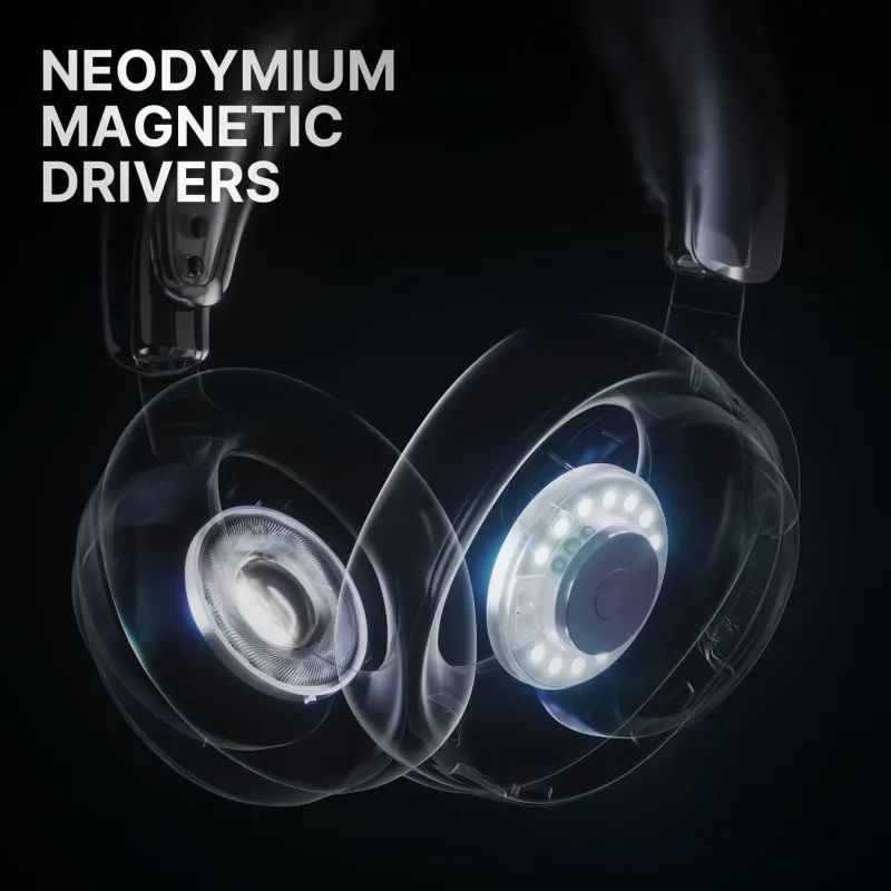 ヘッドホンの内部構造を透明な視覚効果で表現した画像